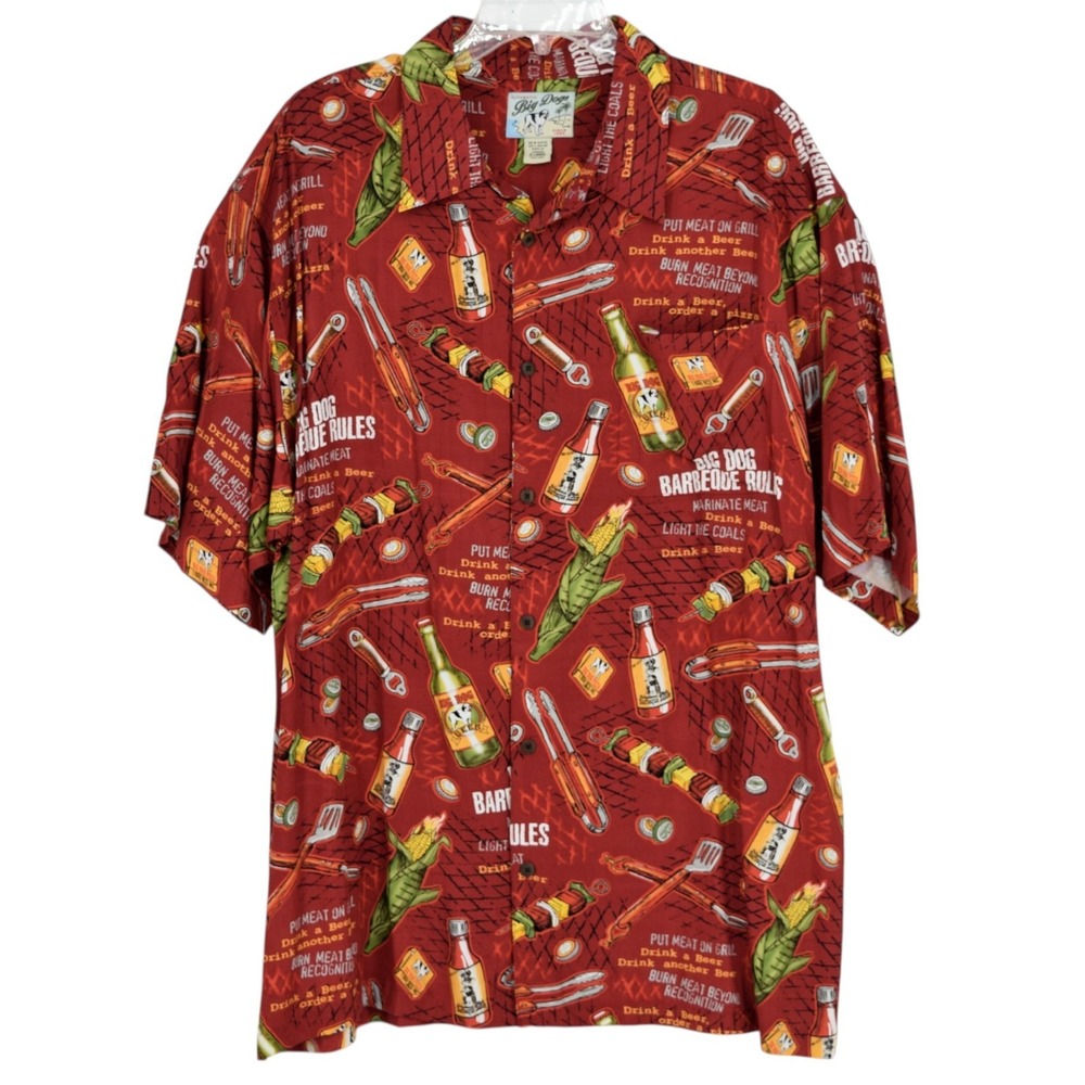 Big Dogs Mens XL Red Shirt Barbeque Rules Vintage Rayon BBQ Novelty Button Up